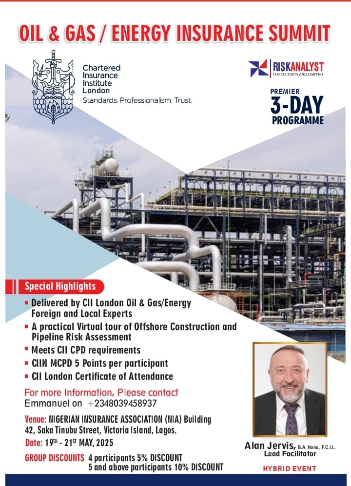 Chartered Insurance Institute London, RIsk Analyst champion Oil & Gas, Energy insurance summit in Lagos