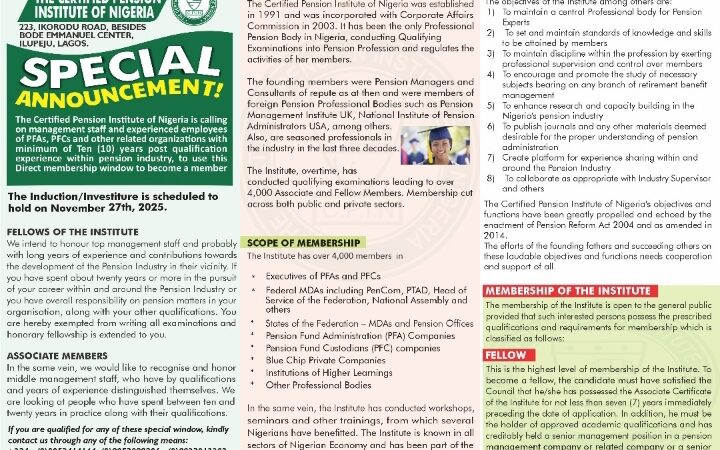 CPIN creates membership opportunities for pension operators, insurers, others, holds induction program November 27